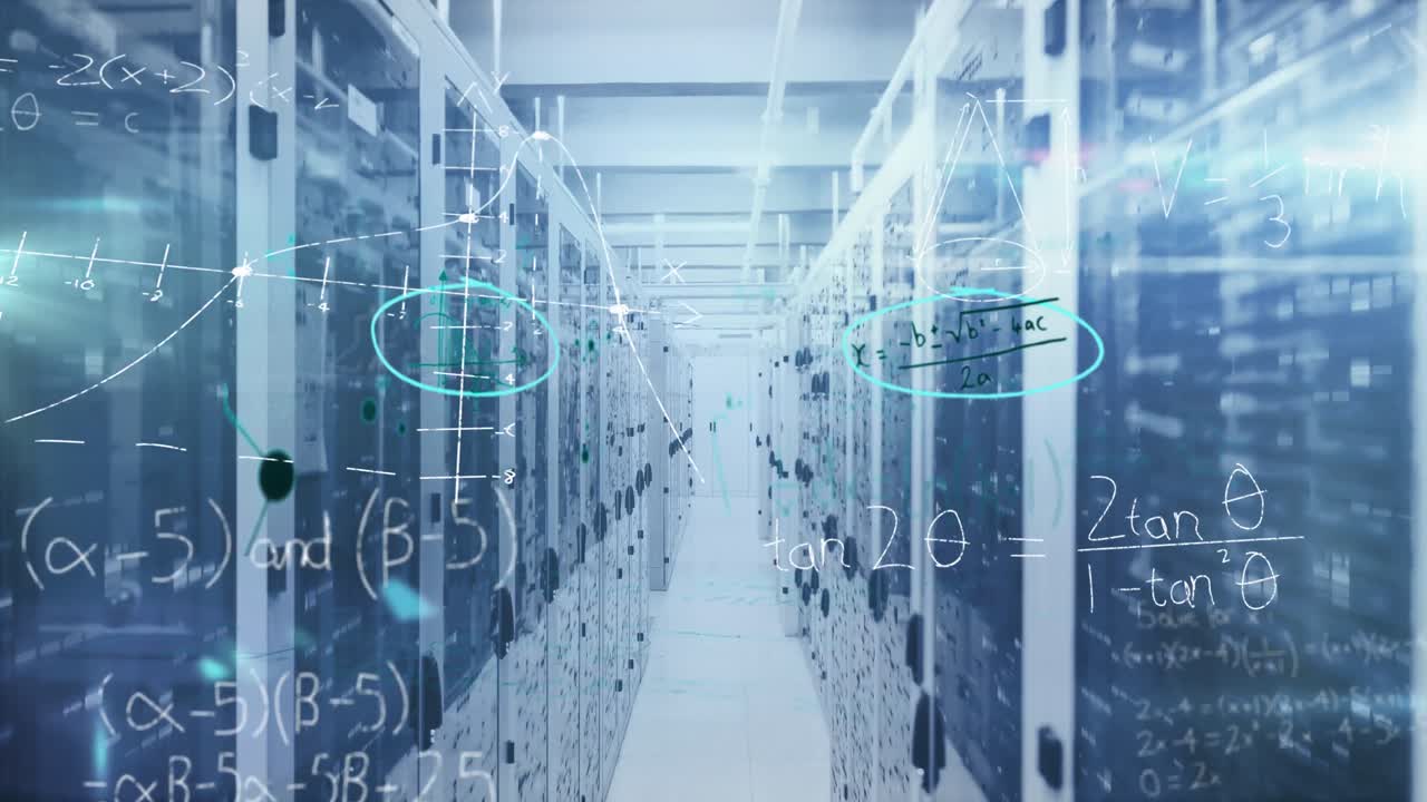 Mathematical equations against empty server room