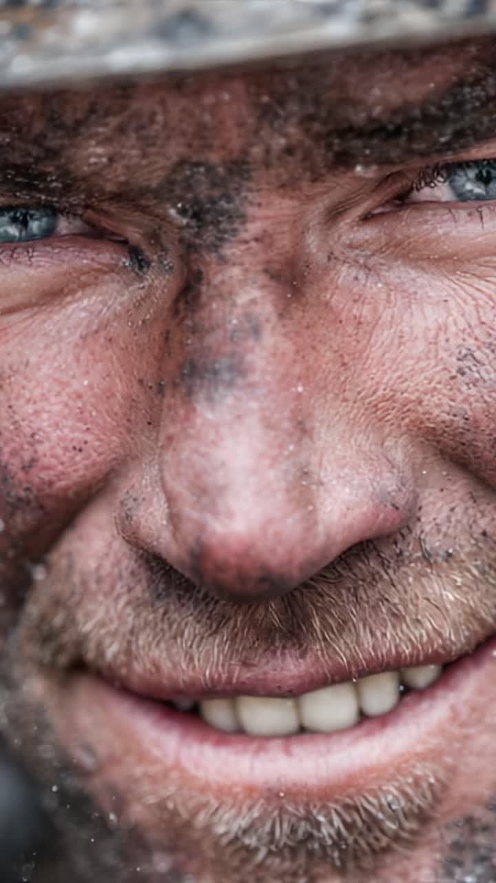 Close-up Shots of a Determined Individual Covered in Dirt and Grit, Reflecting a Spirit of Resilience and Hard Work in Challenging Conditions