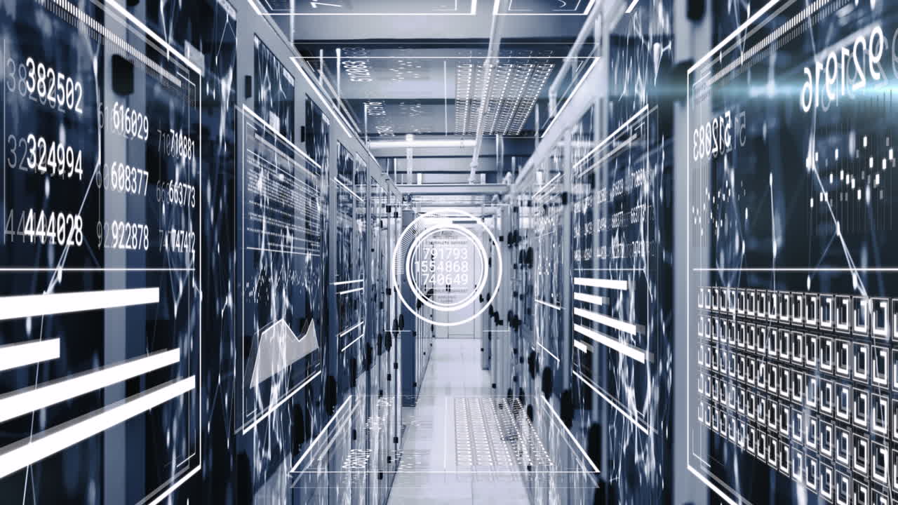 Animation of interface with data processing and network of connections against computer server room
