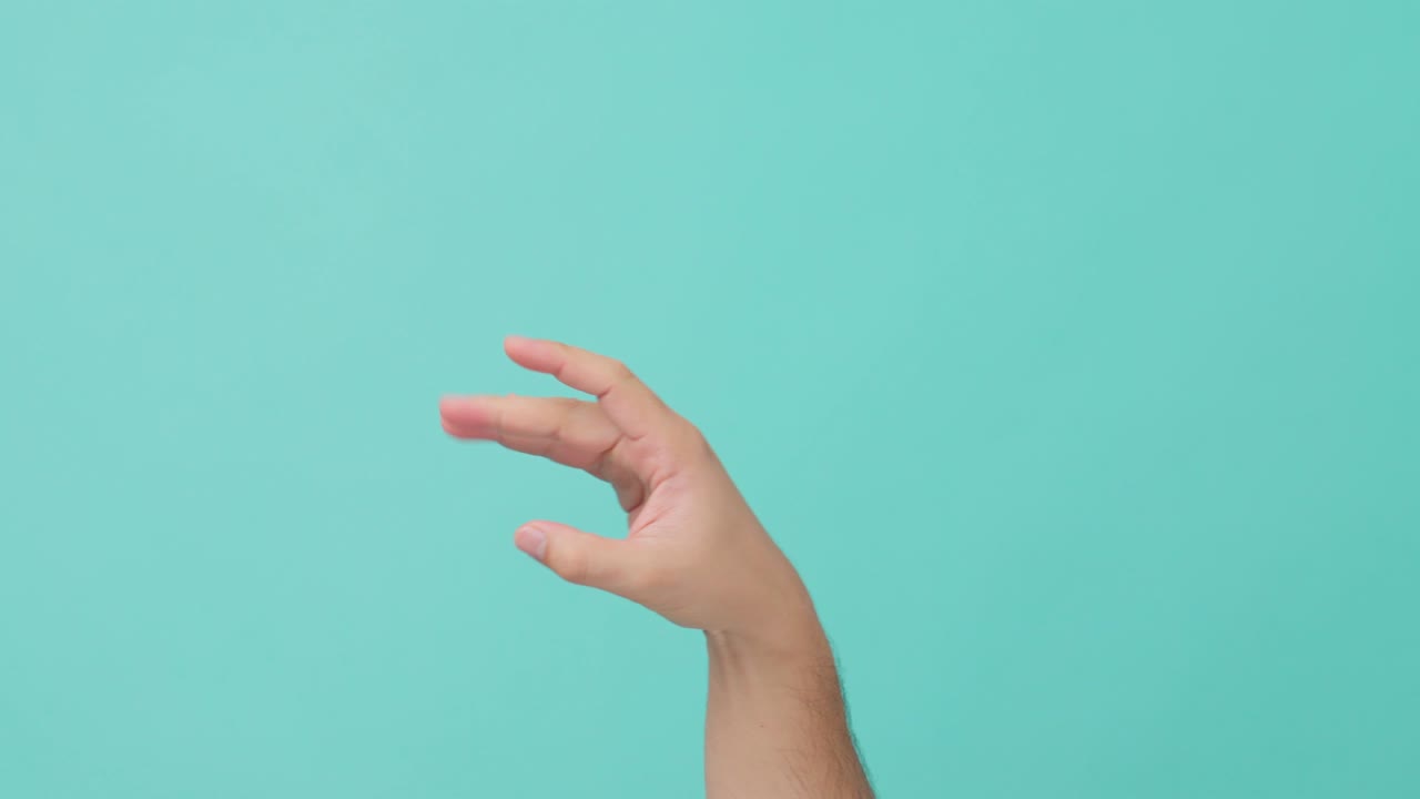 Close up shot of human hand raising stretch out hand flicking off. Unrecognized man showing hand gesture for language sign or symbol in isolate blue screen background with copy space for advertisement