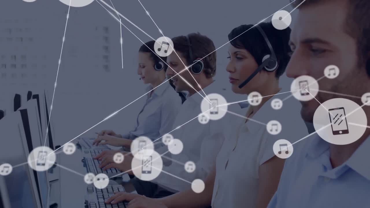 animación de la red de conexión con iconos sobre personas de negocios que usan auriculares de teléfono