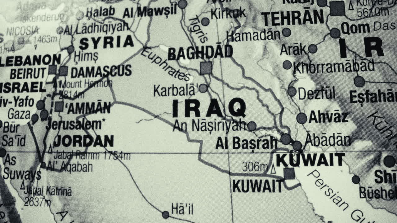 Close-up of a map showing Iraq, Kuwait, Iran, Syria, Jordan, and surrounding Middle Eastern countries