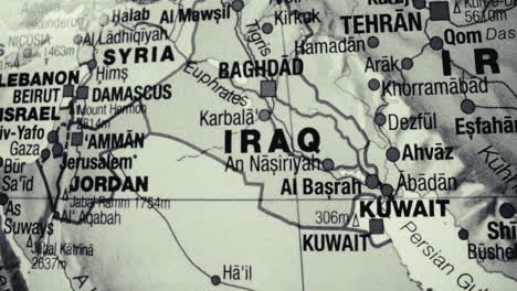 close-up of a map showing iraq, kuwait, iran, syria, jordan, and surrounding middle eastern countries