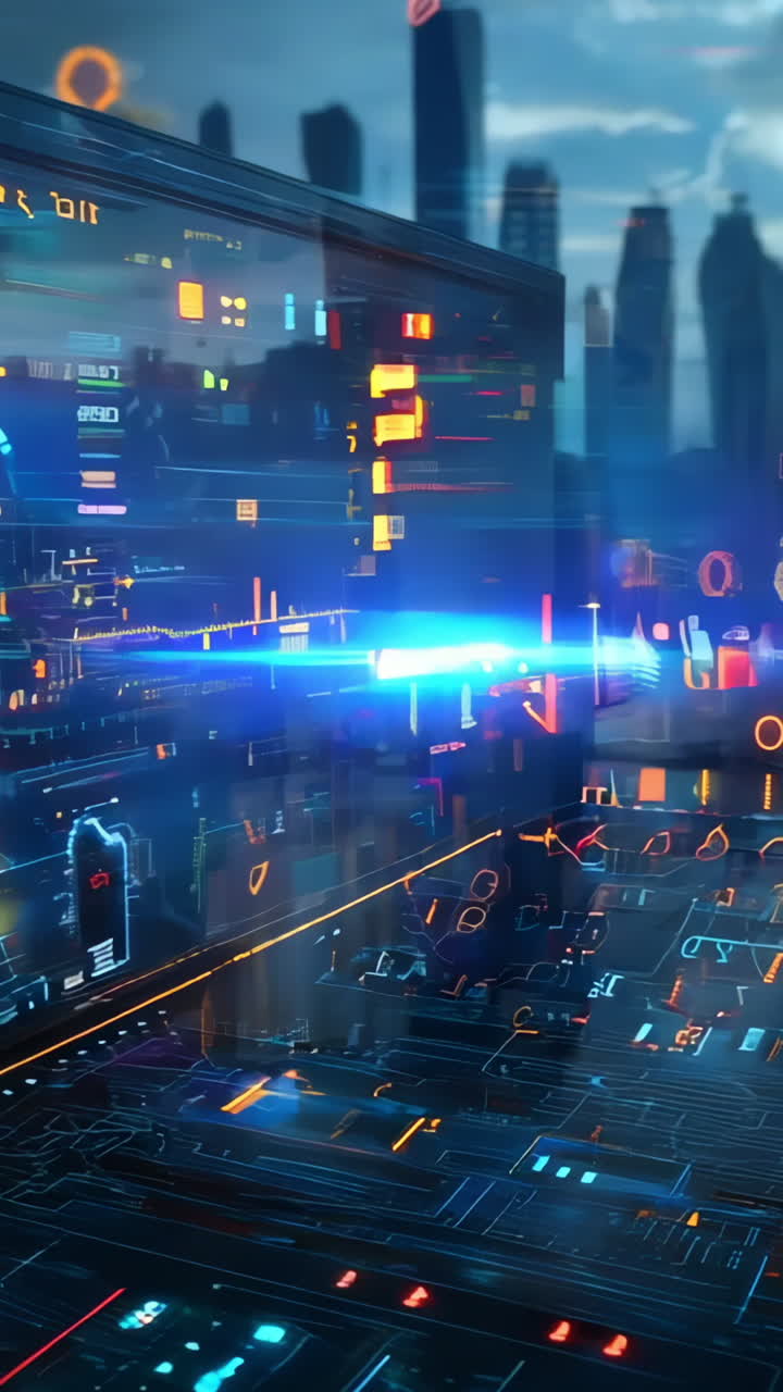 A computer monitor displays a number of graphs and numbers. Scene is one of technology and data analysis