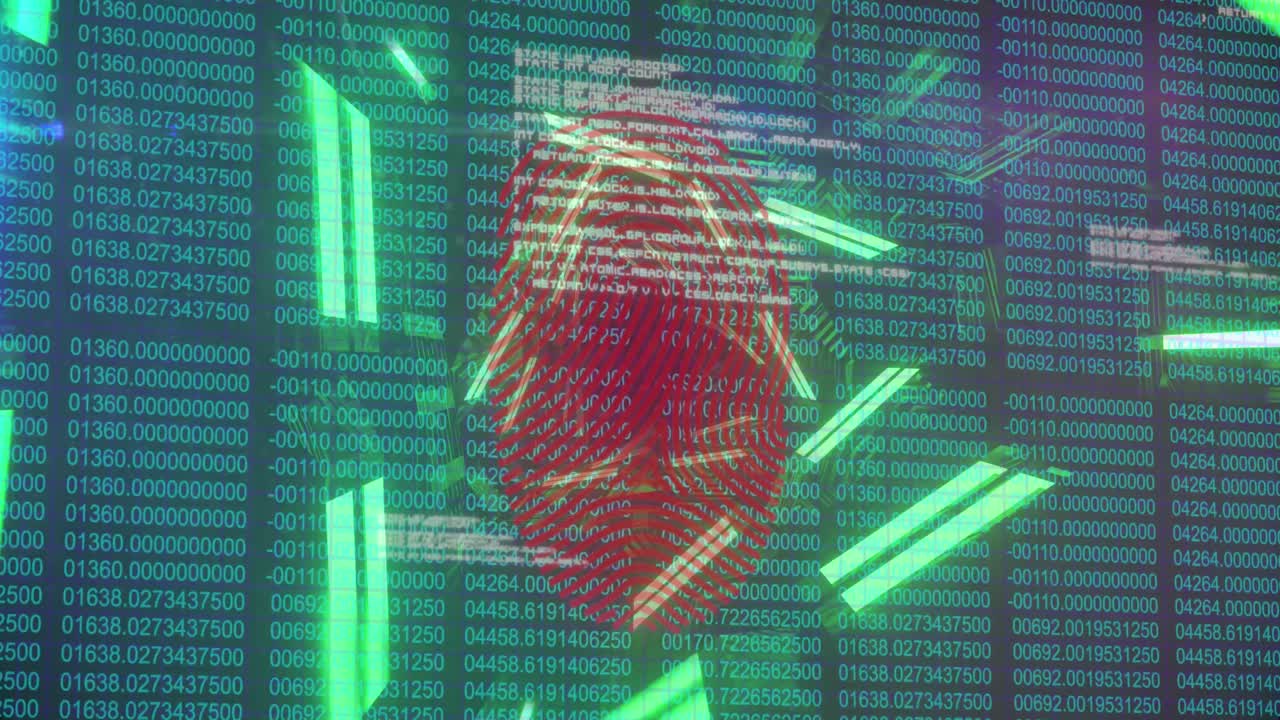 어두운 배경에 디지털 데이터 처리 및 지문의 애니메이션