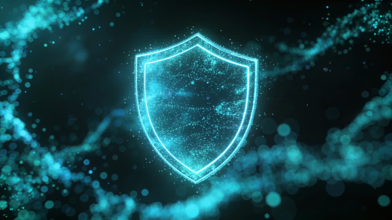 Cyan shield glowing and pulsing as particle ribbons approach, concentrating to protect data core