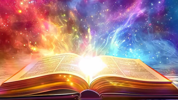 An open book with a colorful nebula in the background