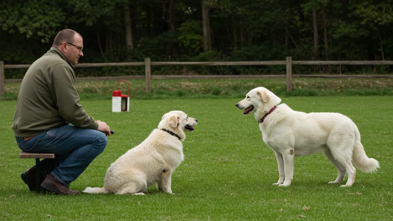 A Man Interacts with Two Friendly Dogs in a Lush Green Field, Showcasing the Bond Between Humans and Pets in a Beautiful Outdoor Setting