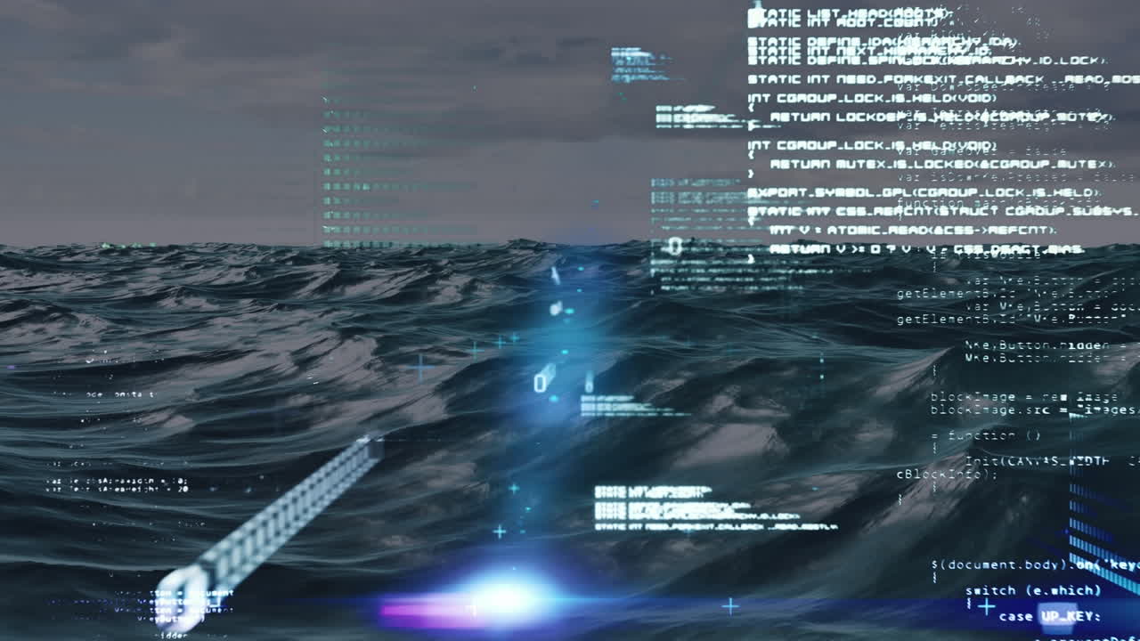 바다에서 바이너리 코딩과 데이터 처리의 애니메이션