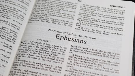 close up shot of bible page turning to the book of ephesians