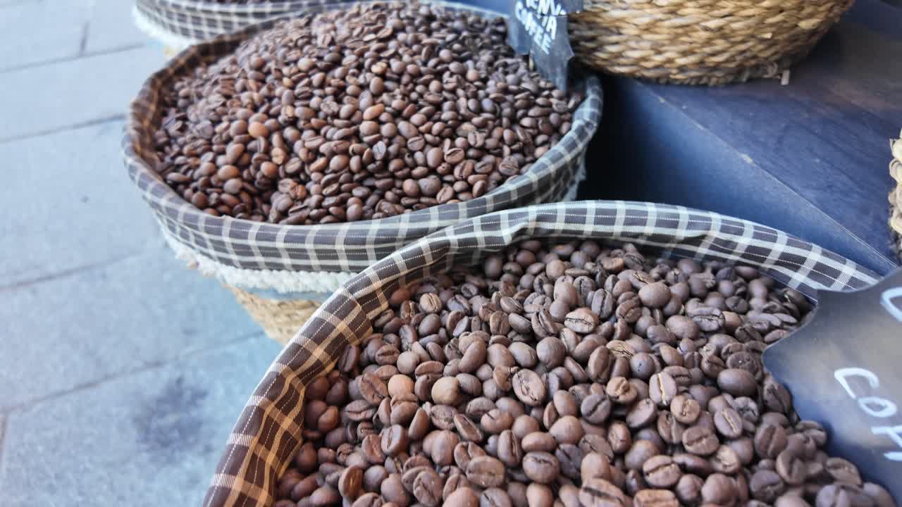 Assorted Coffee Beans Displayed in Baskets