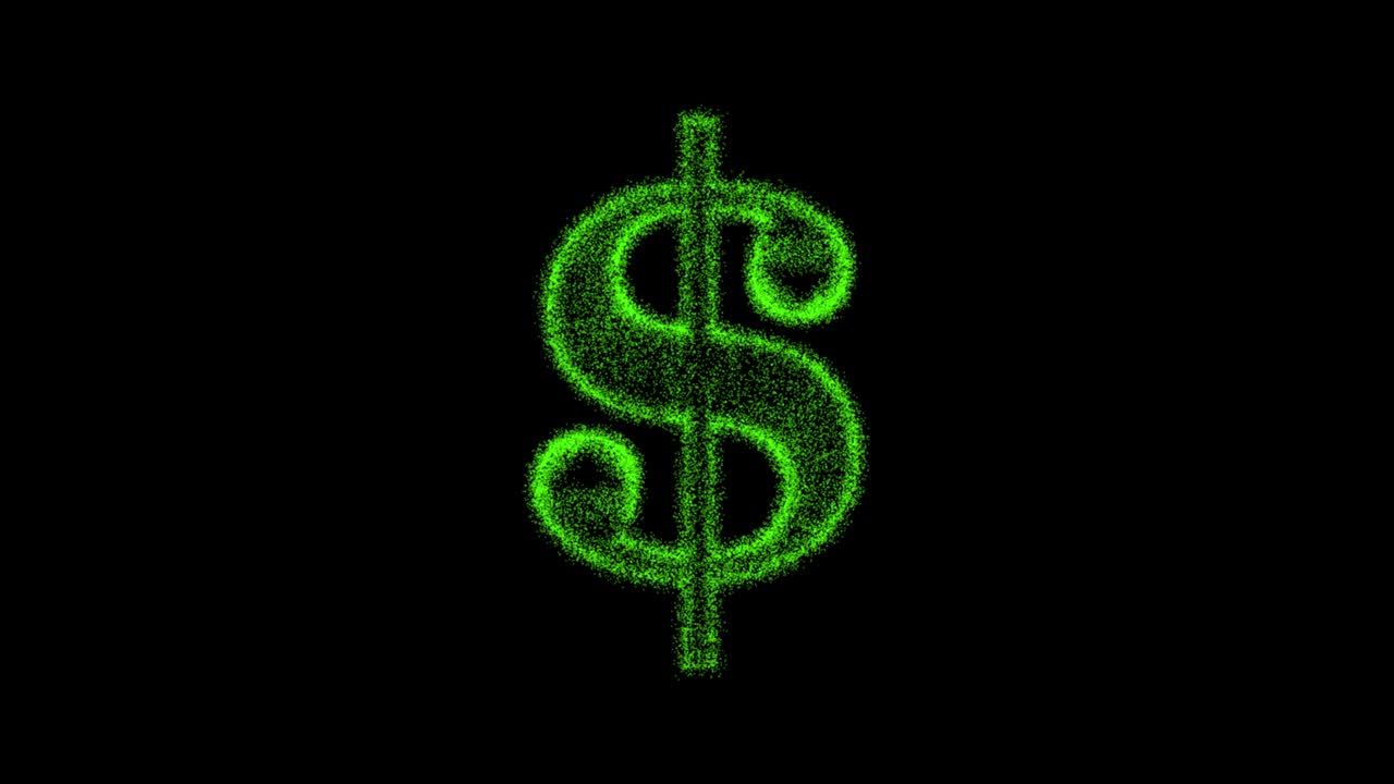 metaverse, meta movement of 3D dollar sign made of particles on black screen background, 3D render, animation from US dollars.