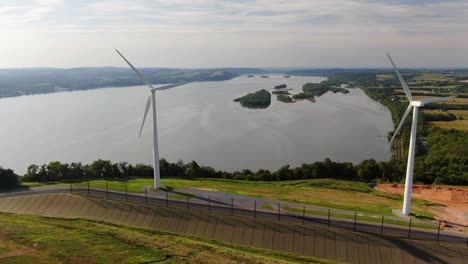 wind turbines generate renewable energy in lancaster county pennsylvania, aerial drone view