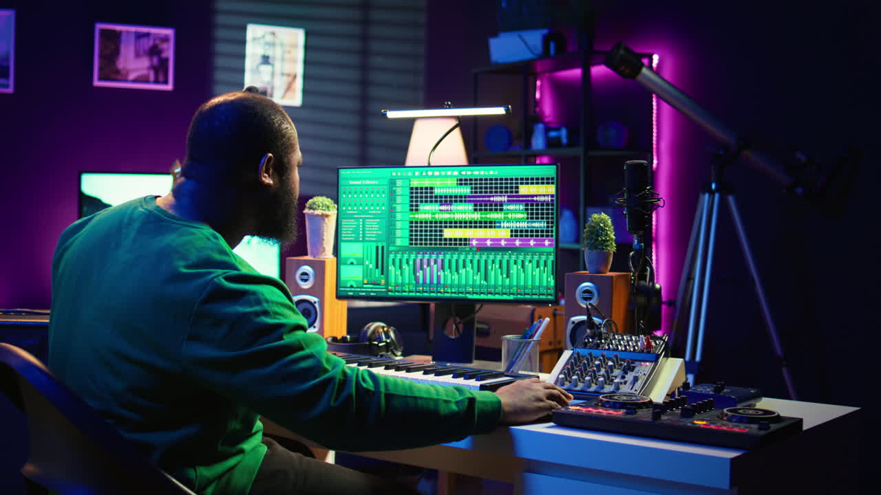 compositor de audio tocando piano teclado electrónico para crear una nueva pista