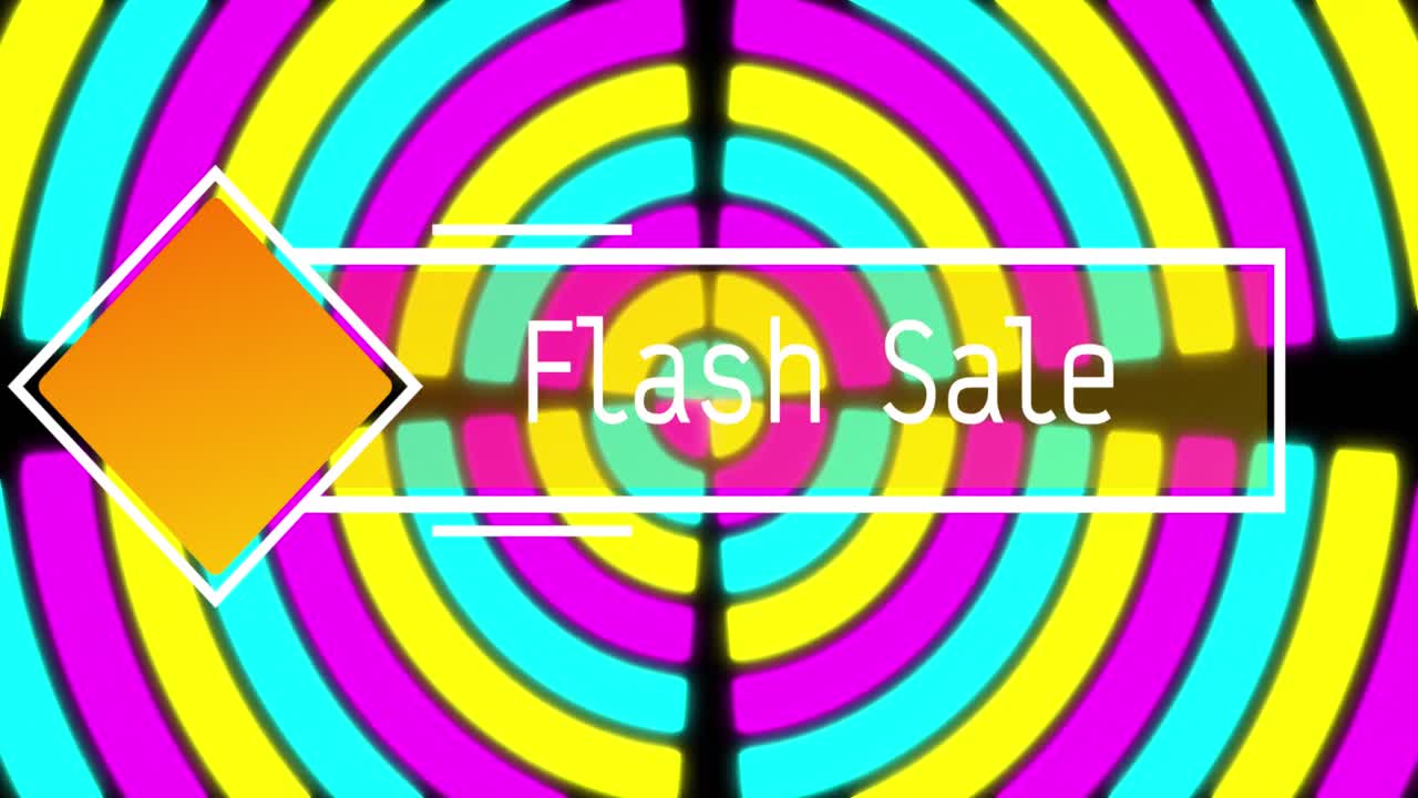 animación del texto de venta flash sobre formas en movimiento sobre fondo negro