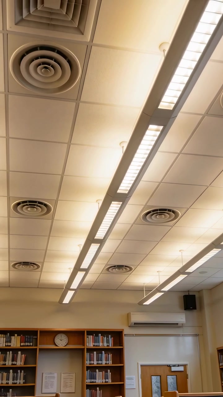 Video verticale: Telecamera che si inclina rivelando luce lineare e scaffali con orologio in uno studio di biblioteca