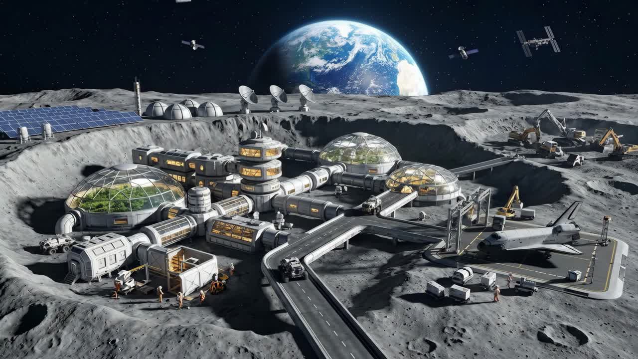 Futuristic Moon Base Colony with Earth in Background