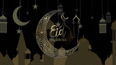 animação do texto de eid mubarak com lua crescente e mesquita com lanternas e estrelas de fundo