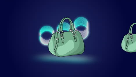 animation of handbags over glowing circles on black background