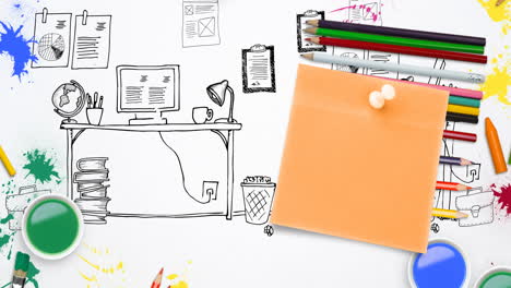 Animation of memo note with copy space over pencils and paints and desk drawing