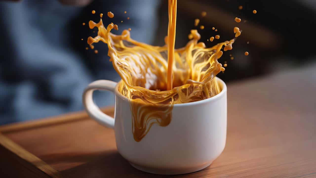 A Captivating Sequence of Coffee Pouring Showcasing the Mesmerizing Moment of Liquid Splatter in a White Mug and the Slow Drip of Cream Mixing, Creating a Visual Delight on a Wooden Table Surface