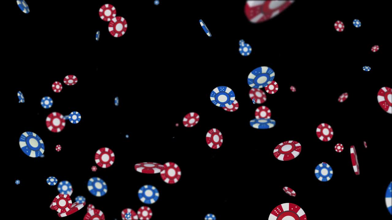 Fiches da poker che cadono su sfondo nero, animazione in loop continuo Alpha Green Screen.