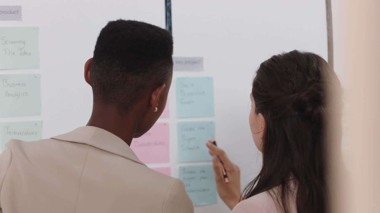 mujer de negocios afroamericana usando notas adhesivas haciendo lluvia de ideas resolviendo problemas con diversos colegas compartiendo ideas creativas para la solución en la reunión de la oficina