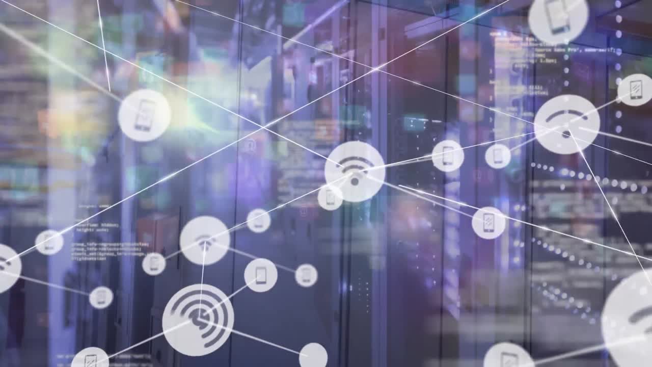 animación de la red de conexiones y procesamiento de datos sobre la sala de servidores