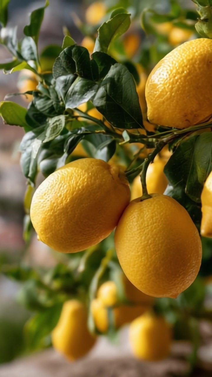 Primo piano vibrante di limoni freschi appesi a un albero verde lussureggiante in un ambiente soleggiato, mettendo in mostra la bellezza della natura e la freschezza degli agrumi.
