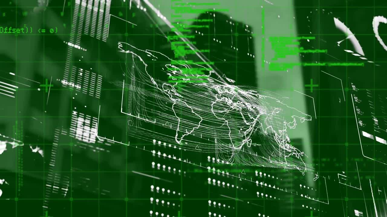 Animation of world map and data processing over cityscape on green background