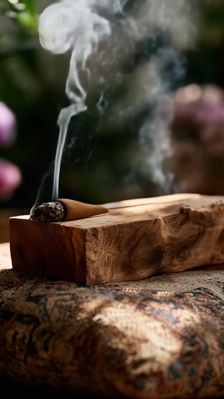 A Serene Moment of Aromatic Bliss: Capturing the Delicate Dance of Smoke from Incense Sticks Resting on a Beautifully Crafted Wooden Holder