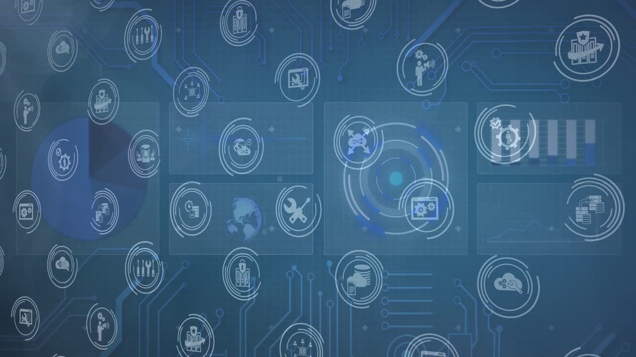Animation of tech icons and motherboard on green digital screen