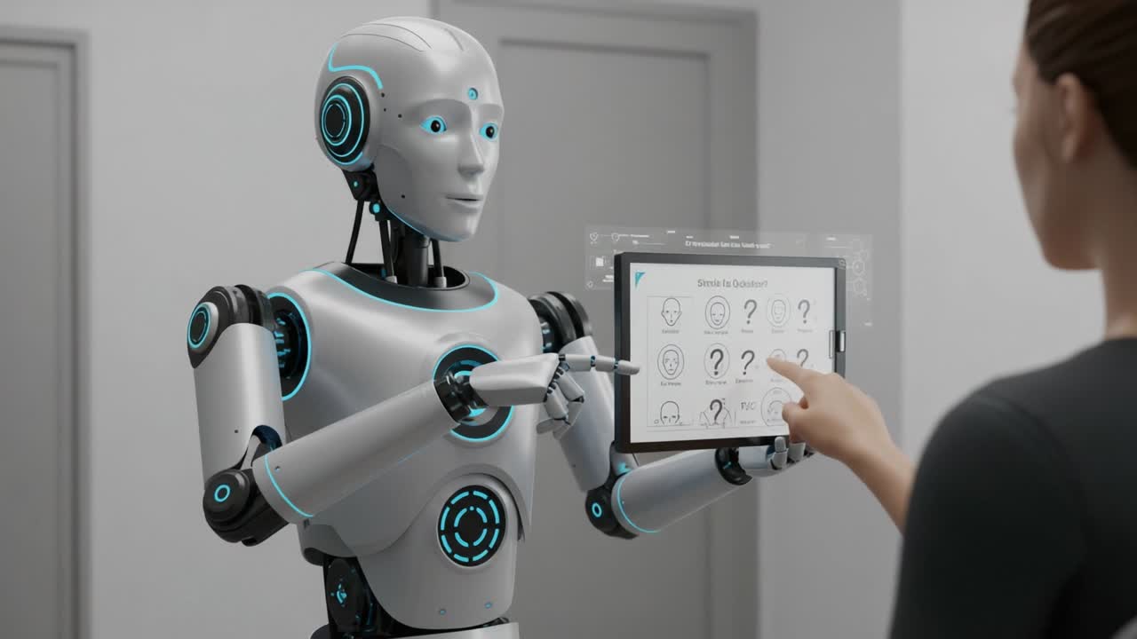 A humanoid robot interacts with a human, demonstrating advanced technology and digital interfaces through a touchscreen tablet in a modern environment