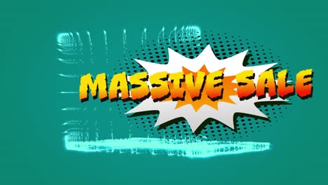 Massive-sale-text-over-retro-speech-bubble-against-3d-laptop-model-spinning-on-green-background