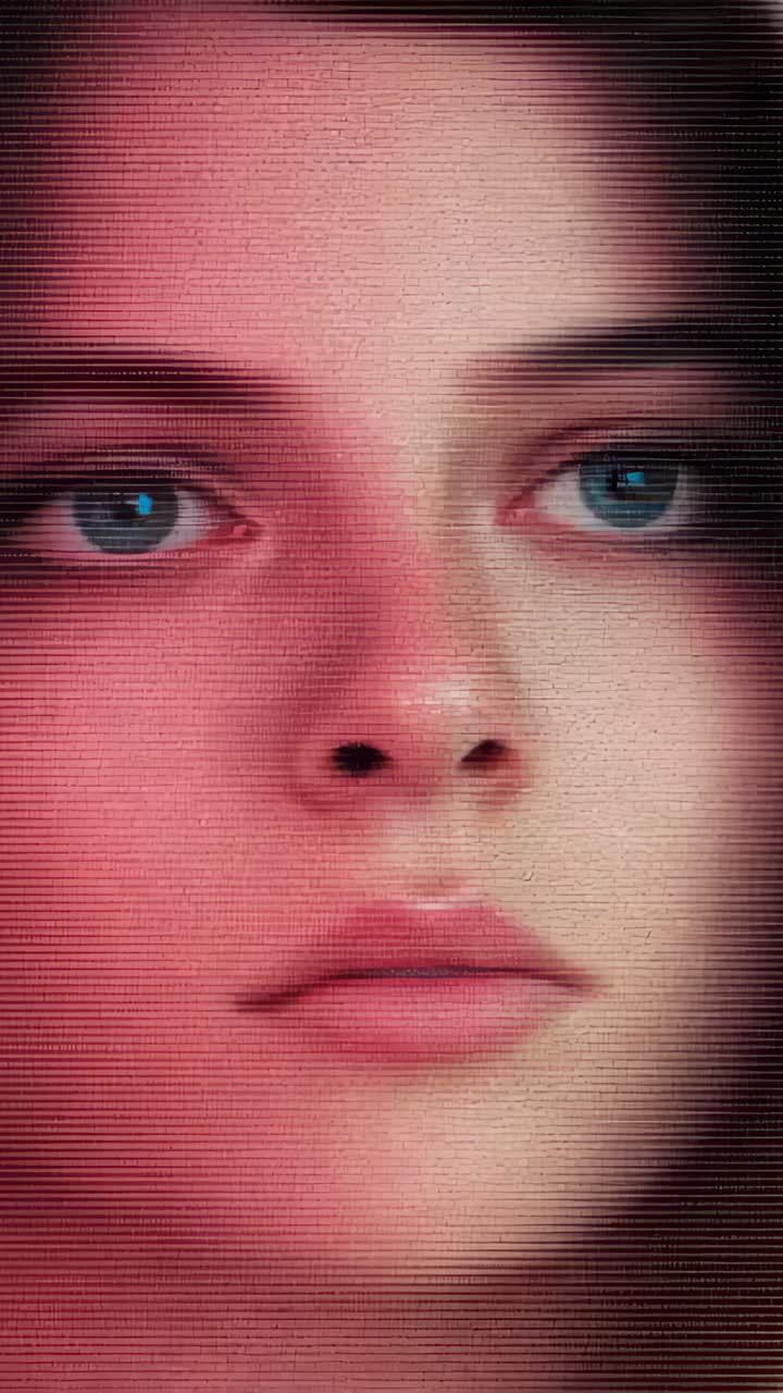 Vertical video: Facing woman holding gaze as lights shifting to cyan for grading, studio scanlines