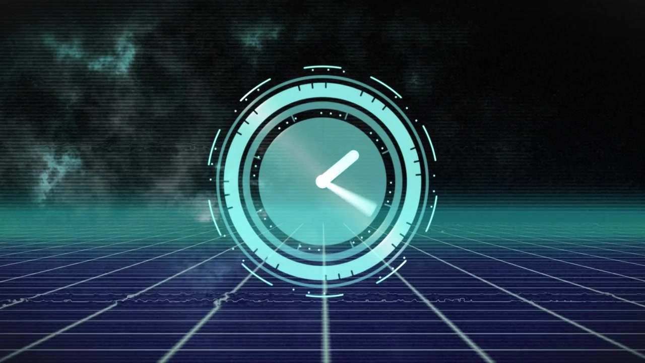 Animasi jam di atas ruang digital hitam dan biru.