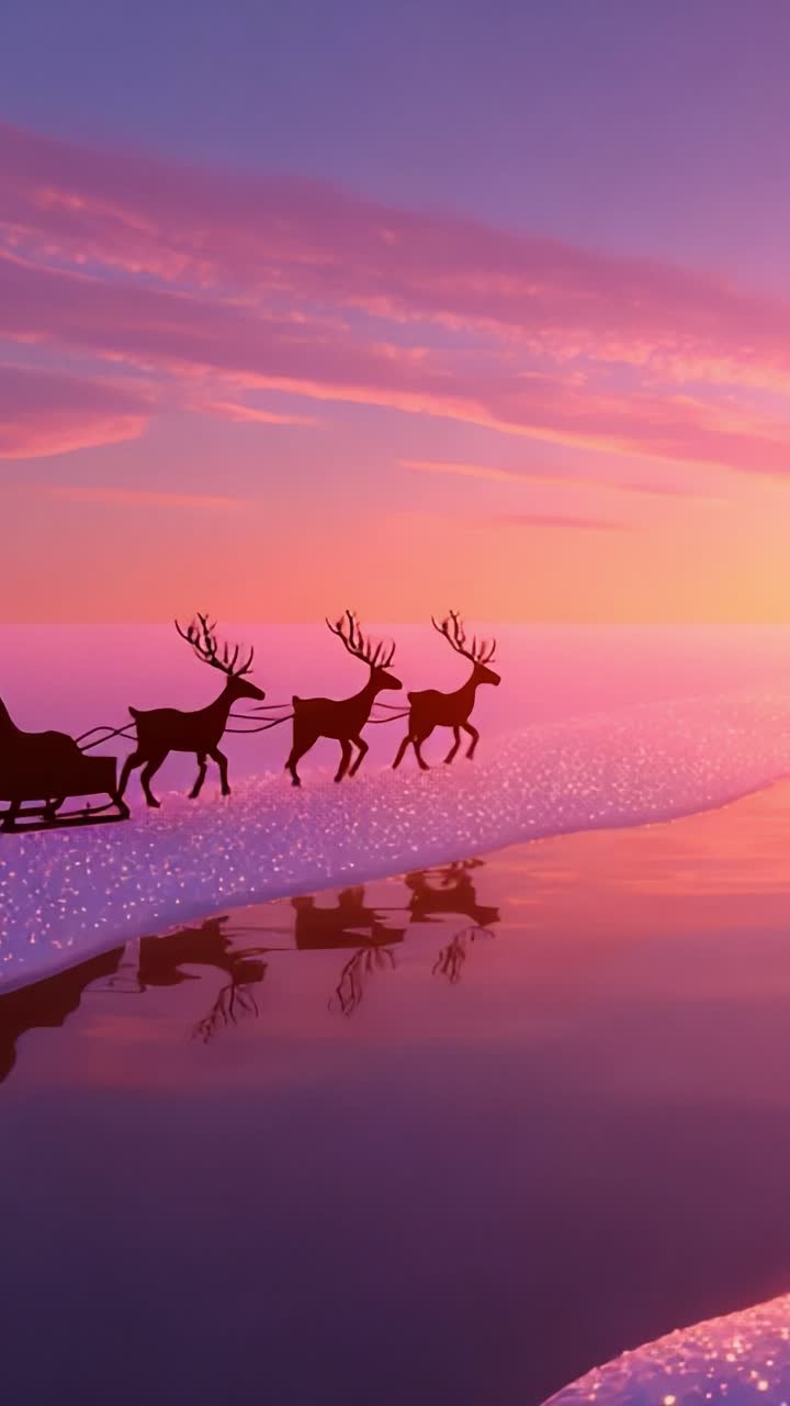A serene winter landscape showcases a sleigh pulled by graceful reindeer as they traverse across a shimmering icy surface, illuminated by the soft glow of a breathtaking sunset in the background
