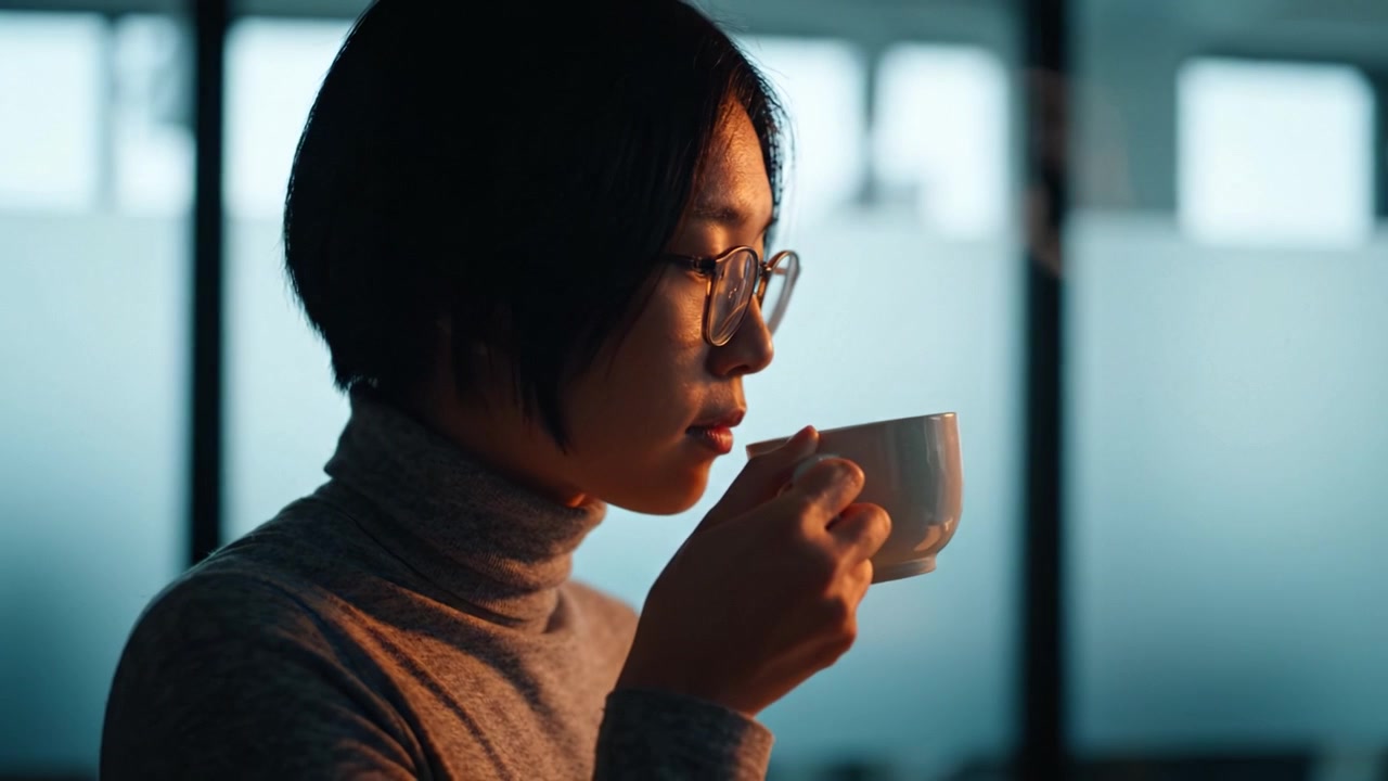 Momento contemplativo: il profilo di una persona giovane che gusta una bevanda calda in una stanza illuminata delicatamente, catturando un'atmosfera serena e un'espressione pensierosa.