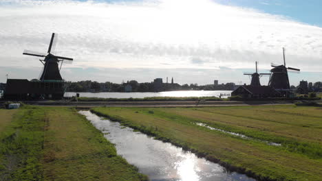 Aerial-Windmills-at-the-Zaanse-Schans,-Amsterdam,-Netherlands