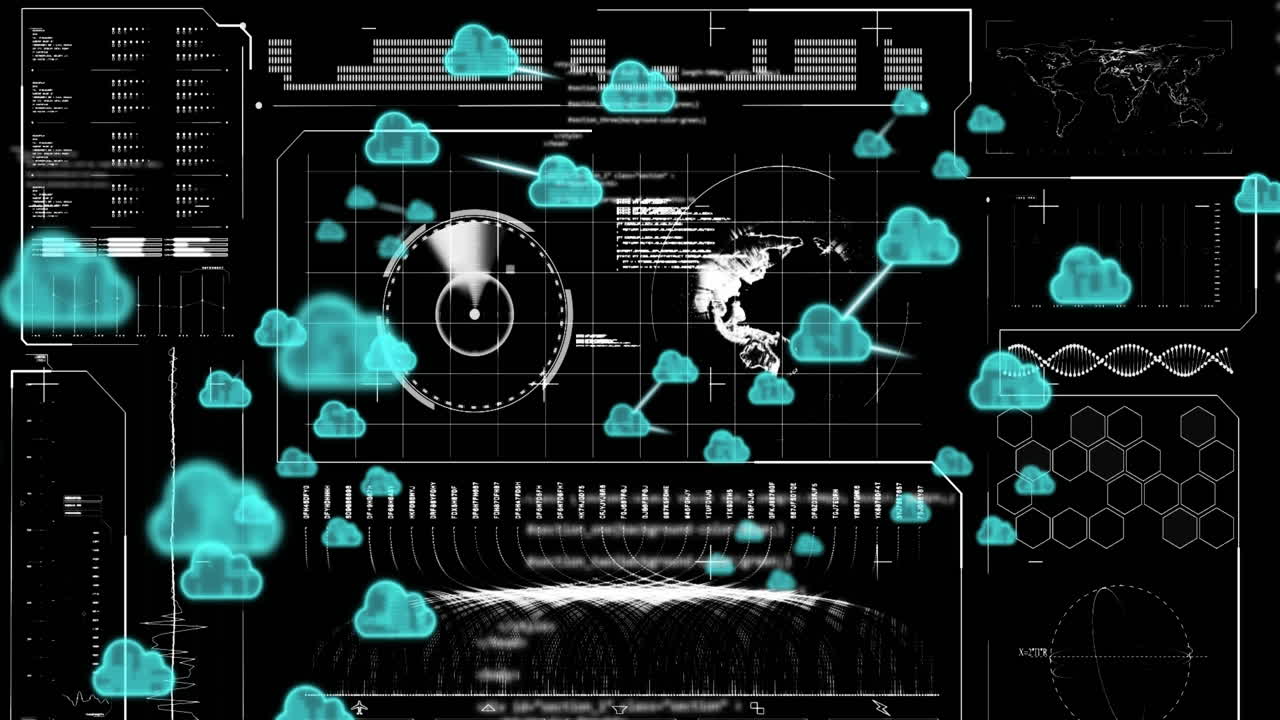 animación de iconos de nubes y procesamiento de datos