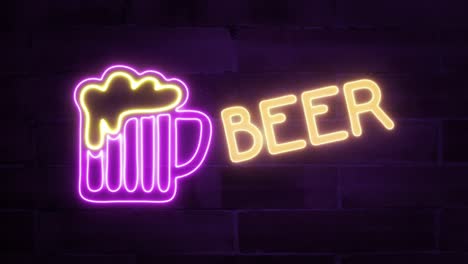 a neon sign showing a big pink purple mug, with with gilded froth and a big text inscription: beer