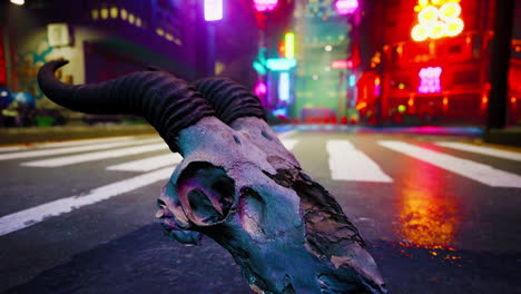 animal skull in cyberpunk city at night