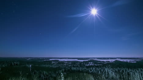 Eine-Wunderschön-Strahlende-Sonne,-Die-Vor-Einem-Klaren-Blauen-Himmel-über-Einem-Großen-Verschneiten-Wald-Untergeht