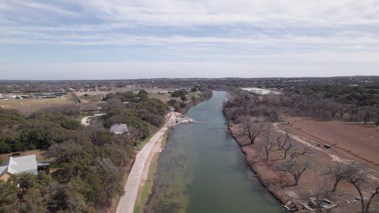 aerial view following the Blanco River near Blanco, Texas in the Hill Country