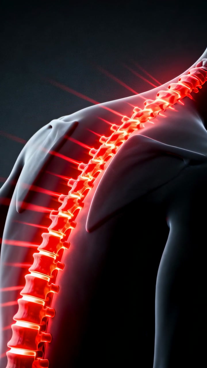 Anatomical 3D torso model animating pulsing red spine on animation starting for medical diagnosis