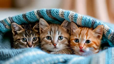 three kittens in a blue blanket