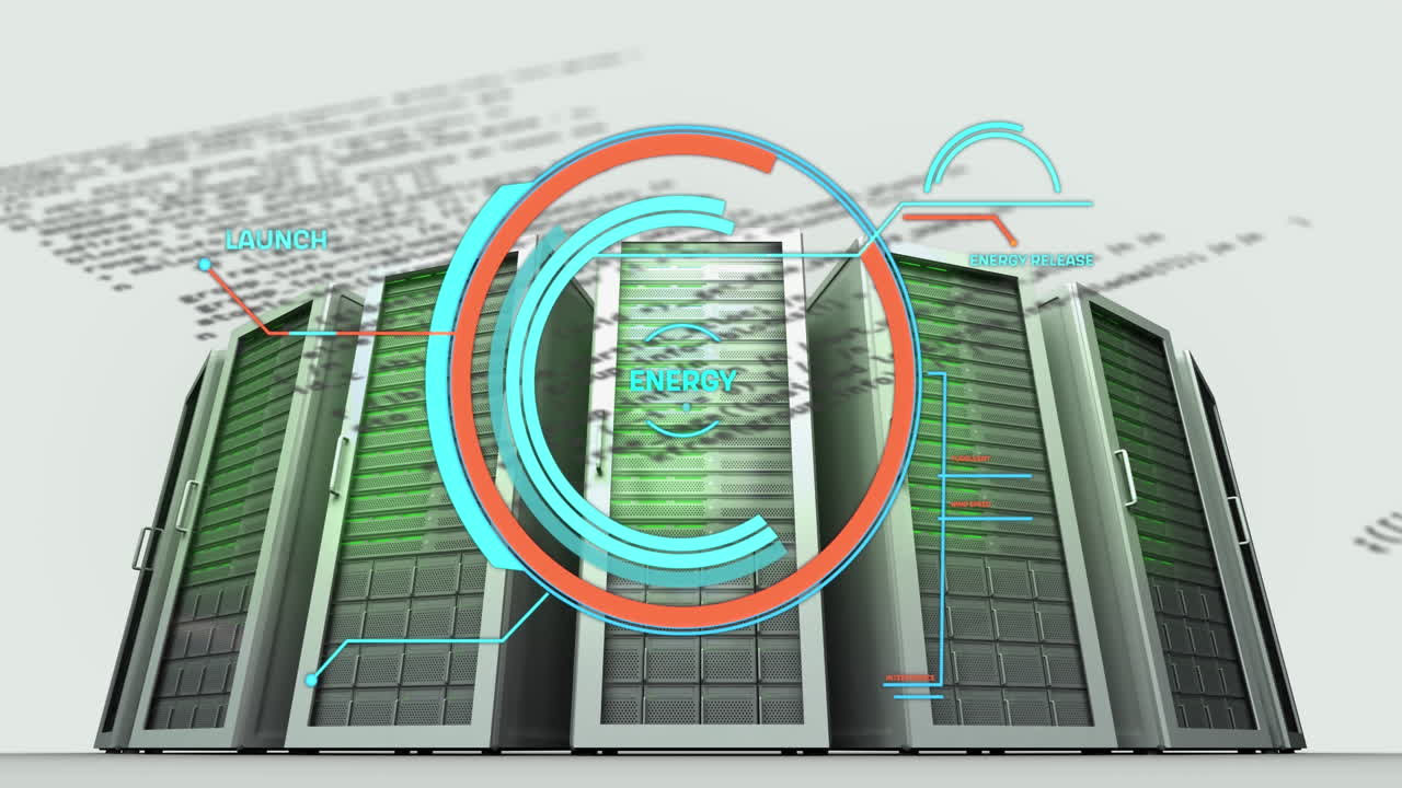 Animation of round scanner and data processing over computer servers against white background