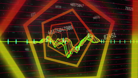 animación de un túnel de neón hexagonal en un patrón sin costuras contra números cambiantes y procesamiento de datos