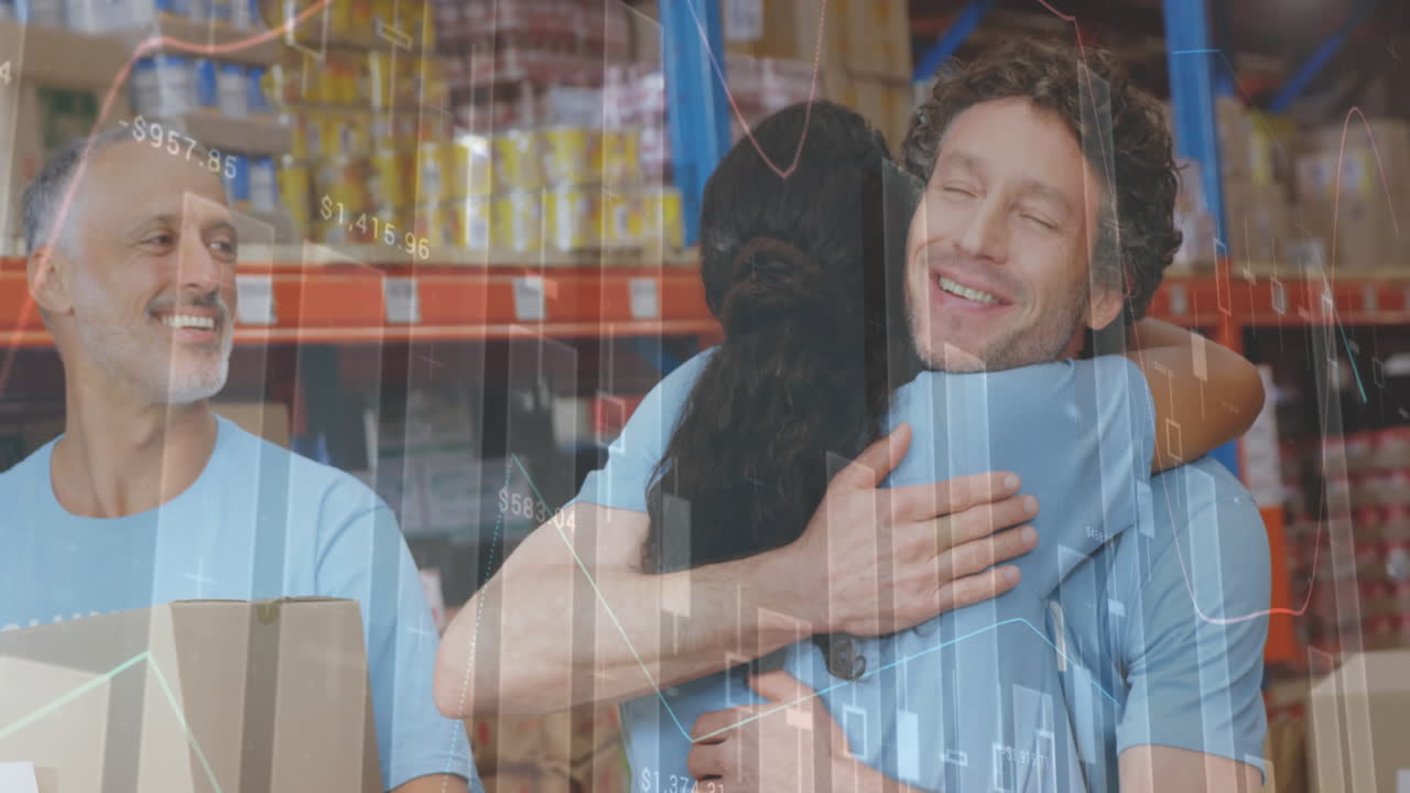 창고에서 서로 포옹하는 다양한 남성과 여성 자원봉사자에 대한 통계 데이터 처리