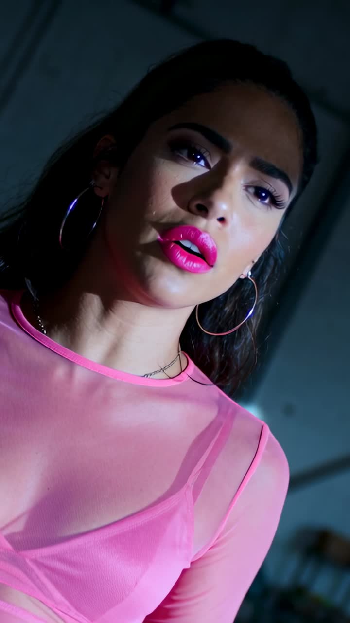 Modella di bellezza che reagisce a un segnale, spostando lo sguardo mentre linee d'ombra animate incorniciano il rossetto rosa.